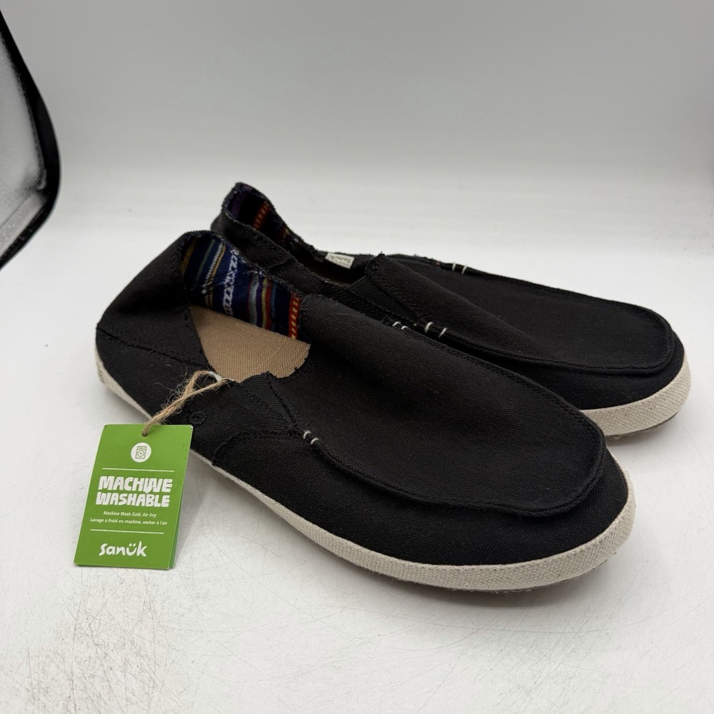 Sanuk Twinny ST Shoes Mens Sz 13 Black Hemp Slip On Soft Top Loafers 1132422 BLK